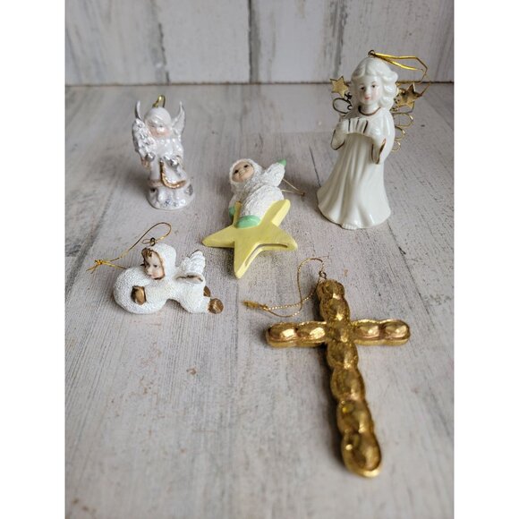 Cross angel snow star cherub ornament Xmas religious set harp - Picture 1 of 9